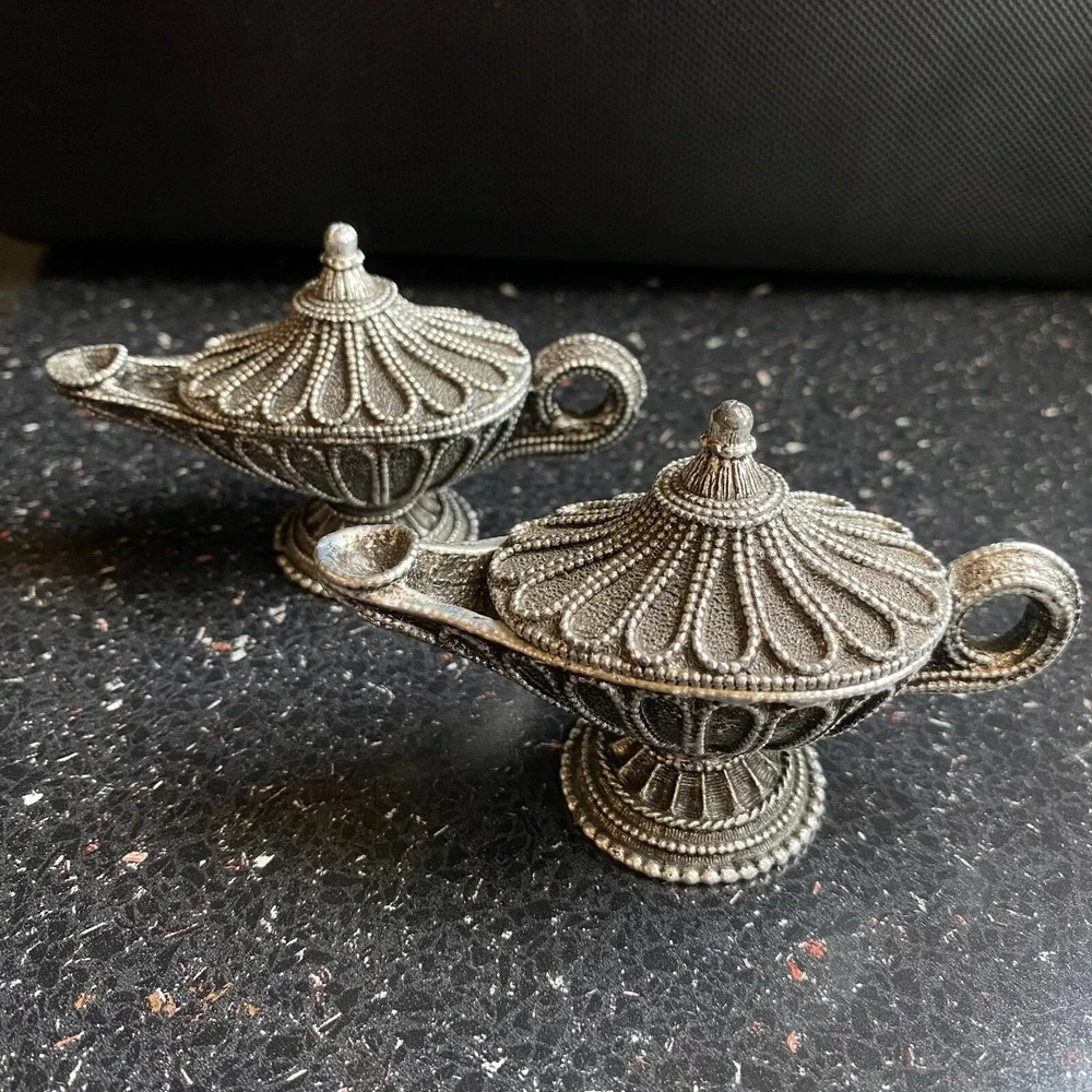 Vintage Florenza Aladdin Genie Lamp Trinket Ring Pill Box Set of 2 Silver Tone